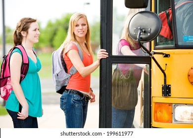 School Bus: Pretty Teen Student Boarding Bus For Field Trip