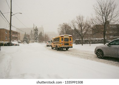 School Bus In Snow Storm