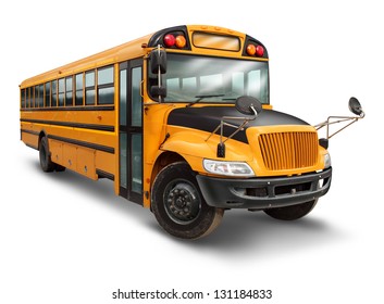 School Bus For Student Transport Service For Elementary And High School Students With A Yellow And Black Painted Vehicle As An Education Symbol Of Safe Children Transportation On A White Background.