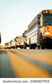 School buses line the street 