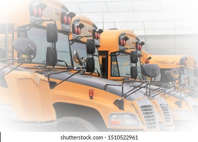 School Buses Lined Up Ready For Another School Year