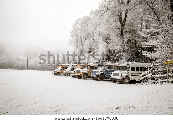 School buses in\
snowy parking lot during\
winter