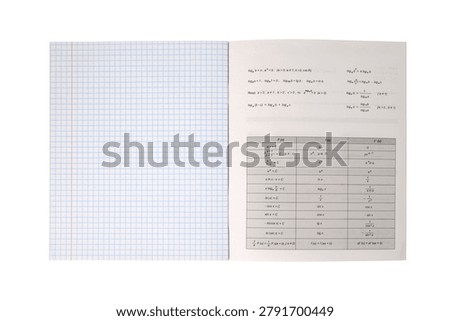 school checkered notebook on a white background open on a page with reference information in algebra including formulas of logarithms and tables of trigonometric functions for students