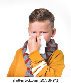 School Child Boy Blow His Nose. Sick Child With Napkin. Kid Wipes A Nose A Napkin. Allergic Kid, Flu Season. Kid With Cold Rhinitis, Get Cold. Back To School.