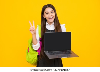 School Child. Distance Learning Online Distance Education, Studying Remotely. Schoolgirl Hold Laptop. Screen Of Laptop Computer With Copy Space Mockup.