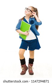 School Child, Girl In Glasses Holding Books And Looking Up, Happy Kid Isolated Over White Background