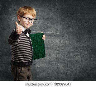 School Child in Glasses Thumbs Up, Kid Boy Hold Book Certificate, Successful Education - Powered by Shutterstock