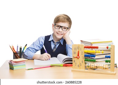 School Child Students Education, Pupil Boy in Glasses Learn Lesson, Kid with Book and Clock Isolated over White, looking at camera - Powered by Shutterstock