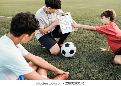 School children with coach teacher during sport training session at soccer field - Fitness and education concept - Powered by Shutterstock