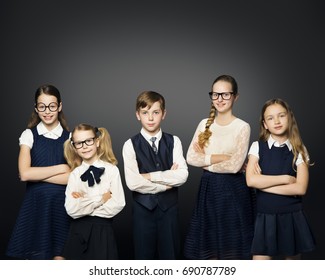 School Children Group, Girls And Boy Students In Uniform Over Black Background