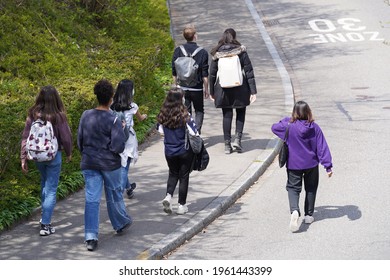 School Children Returning Home After School Excursion. Photo Taken April 22nd, 2021, Zurich, Switzerland.