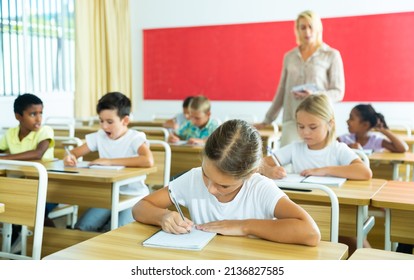 School Children Writing Test, Smart Young People Studying At Primary School