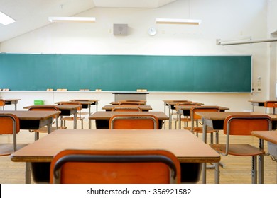 School classroom with school desks and blackboard in Japanese high school