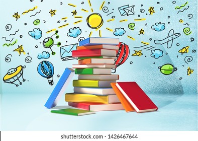 School colorful stack books and child illustration