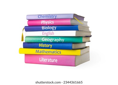 School colourfull textbooks isolated on white background. Basic school subjects mathematics, literature, physic,s chemistry - Powered by Shutterstock