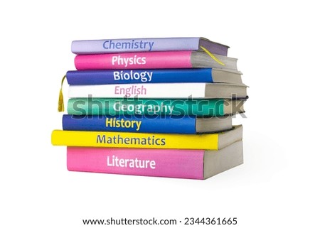 School colourfull textbooks isolated on white background. Basic school subjects mathematics, literature, physic,s chemistry