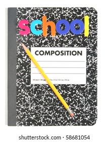 school with composition book and pencil