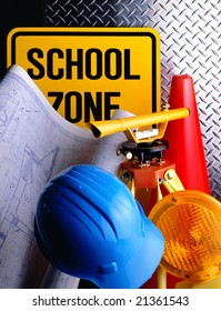 School Construction Plans With Tools And Hard Hat