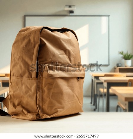 School desk with backpack in foreground and blurred classroom interior in background, concept of back to school, learning season, and product placement for education-related promotions