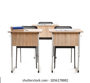 School Desk With Chairs On White Background