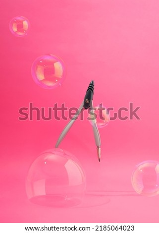 School divider flying with transparent balloons. Pink dreamy background scene. Supplies for classroom learning concept. Fantasy neon aesthetic design idea