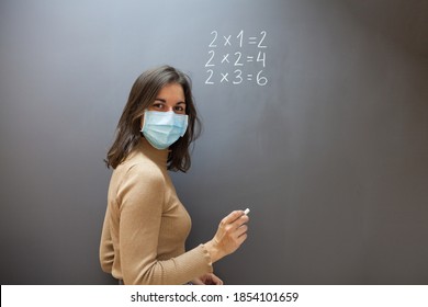 School During Covid Pandemics Female Teacher With Face Mask