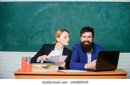 School Educator With Laptop And Principal With Documents. School Education. Prepare For School Lesson. Annual Report. Teacher And Supervisor Working Together In School Classroom. Educational Program.