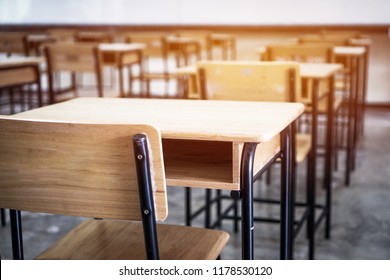 School Empty Classroom, Lecture Room With Desks And Chairs Iron Wood For Studying Lessons In Highschool Thailand Without Young Student, Interior Of Secondary Education With Whiteboard