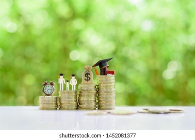 School Funding, Family Saving For Higher Education Concept : Black Graduation Cap, Books, Campus Diploma, US Dollar Money Bag, Parents And Single Child, Clock On Rising Coins, Depict Attemp For Succes