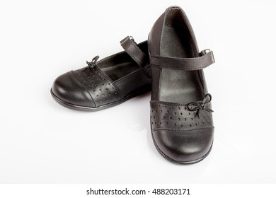 School Girl Black Shoes On White Background