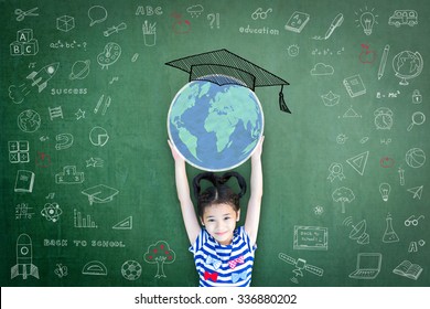 School Girl Kid Raising World Globe And Graduation Cap Doodle On Green Chalkboard For Children Education Concept