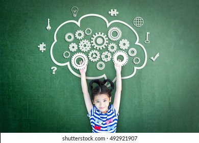 School Girl Kid Student With Cloud Computing Mind, Smart Brain Imagination Doodle On Chalkboard For Science Technology Education, Children Psychology And Mental Health Awareness Concept