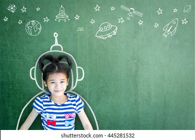School girl kid's imagination with learning inspiration world in innovative science technology engineering maths STEM education and universal children's day concept