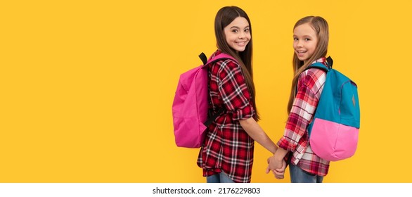 School Girls Friends. Children With School Bag. Cute Teen Girls Carry Backpack. Back To School. Banner Of School Girl Student. Schoolgirl Pupil Portrait With Copy Space.