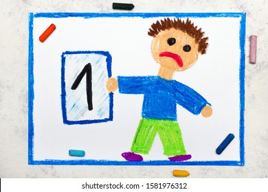 School Grades. Sad Student With Exam Or Test Result.Boy Holding Report Card With 1 Grade.  Photo Of Colorful Hand Drawing. 