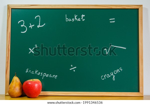 School green board with subjects written and fruit.
Copy space