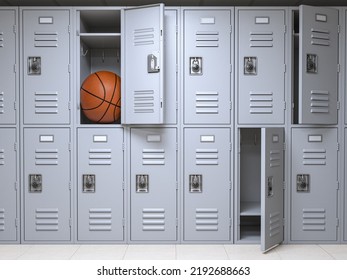 School or gym locker room with small lockers box insuficient for basketball ball. 3d illustration