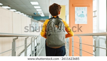 School, hallway and back of boy with backpack walking for studying, classroom and learning. Students, campus and rear view of kid in corridor with bag for education, academy and knowledge in morning