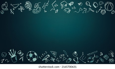 School icons set drawing in chalkboard with copy space. Back to school concept. Hand drawn background with school supplies and creative elements. - Powered by Shutterstock