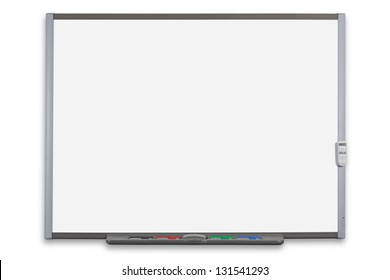School interactive whiteboard or IWB with remote control, isolated on a white background. Clipping path provided for both the board and screen. - Shutterstock ID 131541293
