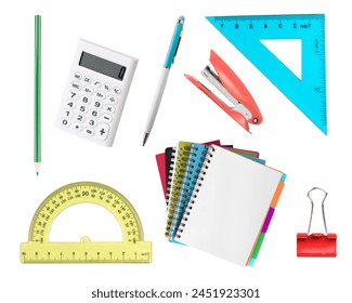 School items and accessories isolated on white.Office educational supplies. Stationary objects.Pen,pencil,ruler,calculator,textbooks. - Powered by Shutterstock