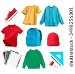 School items and clothes isolated. Collection of male apparel. Pupil garment set.Back to school objects.Boy