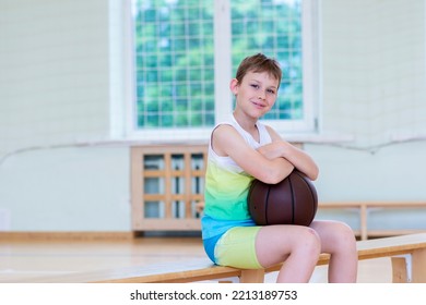 School Kid Playing Basketball In A Physical Education Lesson. Horizontal Education Poster, Greeting Cards, Headers, Website