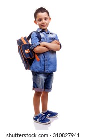 School Kid Standing With Arms Crossed On White Background