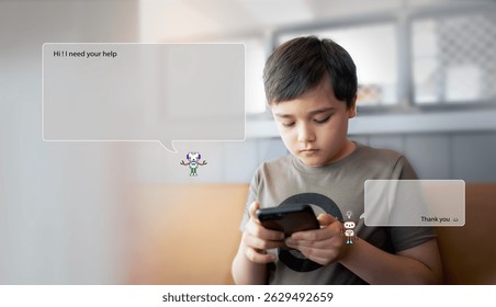 School kid using technology smart chatbot on smartphone for learning, studying for home schooling. Child boy holding mobile phone with AI assistant dashboard for data analysis, research, planning