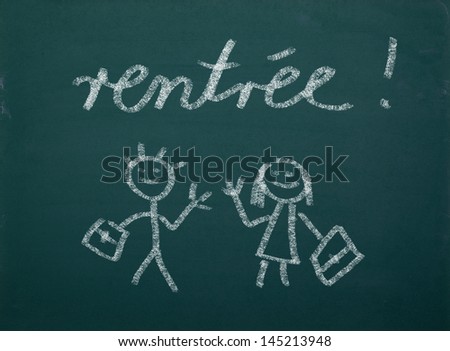 School kid's drawings on green blackboard, french writing 