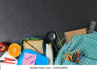 School Lunch Box And Fruit For Kids With Backpack And School Supplies, Back To School Concept