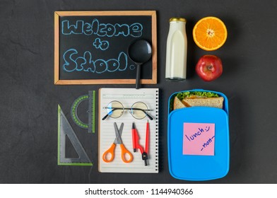 School Lunch Box And Fruits For Kids With School Supplies, Flat Lay And Back To School Concept