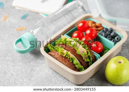 School lunch box. Ham and cheese sandwich, vegetables, nuts and berries in a plastic container.  Back to school concept.