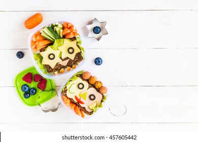 School Lunch Box For Kids On White Wooden Background. Back To School. Top View, Flat Lay, Copy Space